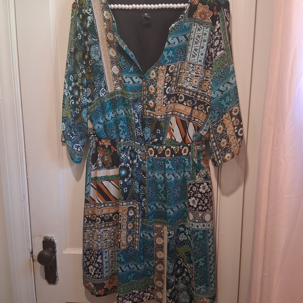 Enfocus Studio Teal and Black Patchwork Midi Dress